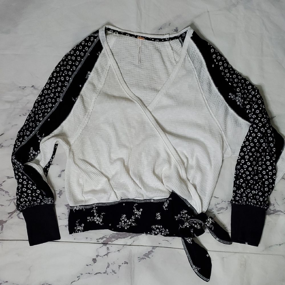Free People Auxton Thermal Waffle White and Black Wrap Top with Floral Sleeves